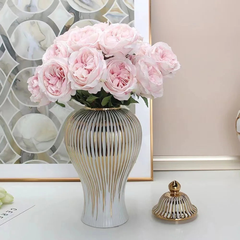 vase blanc doré rayures verticales moderne élégant couvercle décoration maison