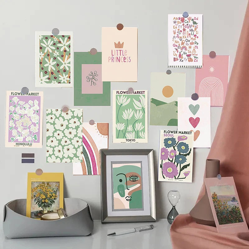 cartes postales modernes abstraites géométriques papier couleur vert rose blanc gris clips décoration chambre