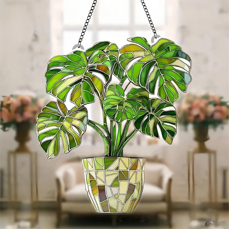 panneau suspendu multicolore acrylique mosaïque artisanal fleurs vases décoration extérieure fête ornement
