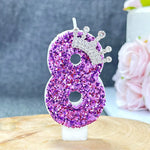 bougies anniversaire chiffre violet paillettes décoratives brillantes tringle fixations transparentes