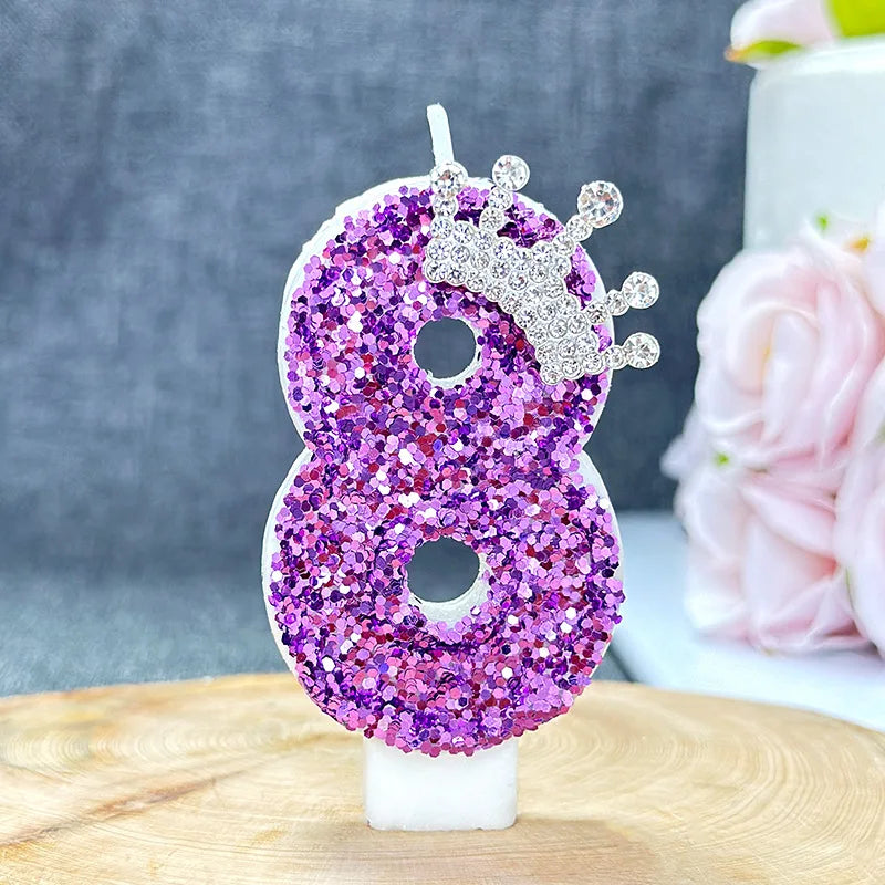 bougies anniversaire chiffre violet paillettes décoratives brillantes tringle fixations transparentes