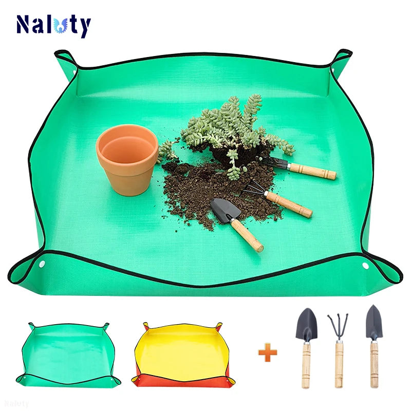 tapis jardinage vert moderne 100x100cm outils pelle râteau houe pots fleurs terre
