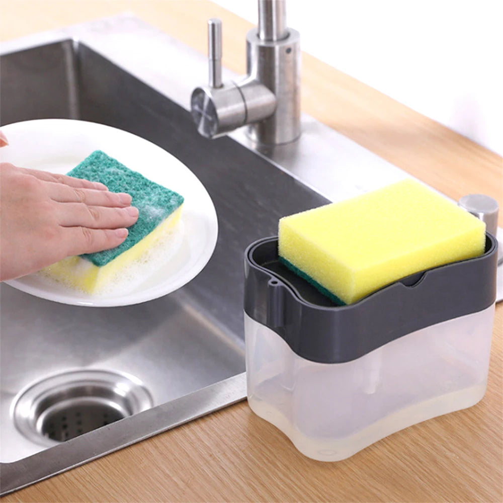 distributeur savon liquide éponge intégrée adhésif transparent gris jaune vert moderne pratique