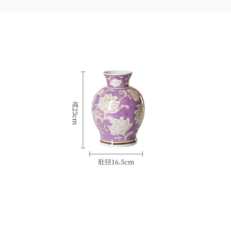 vases chinois classiques violet blanc motifs fleurs vertes opaques arrangement