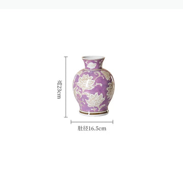 vases chinois classiques violet blanc motifs fleurs vertes opaques arrangement