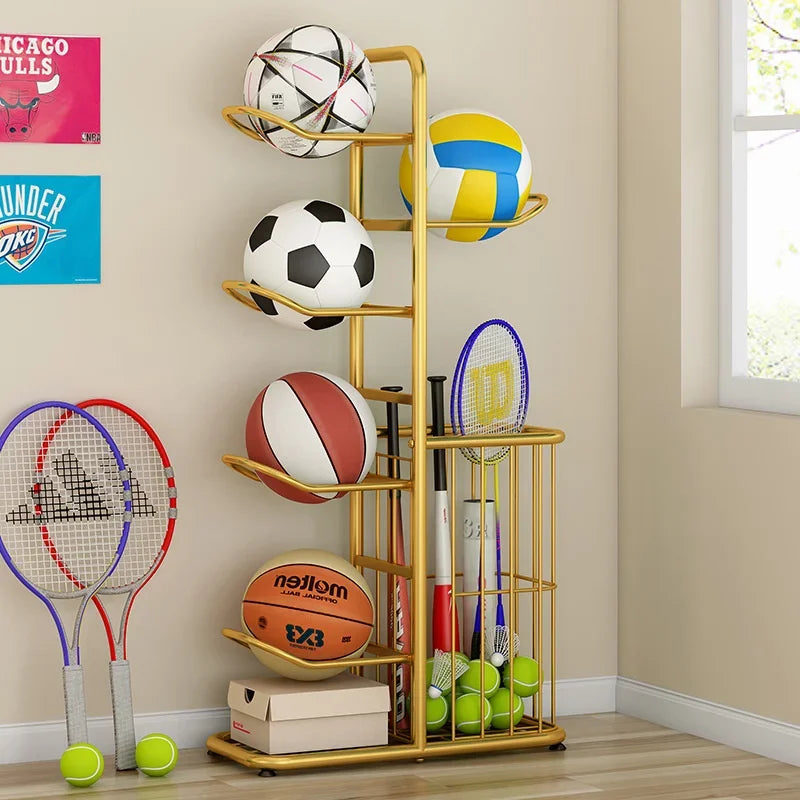 support rangement sport blanc noir doré raquettes balles tennis volleyball moderne minimaliste