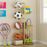 support rangement sport blanc noir doré raquettes balles tennis volleyball moderne minimaliste