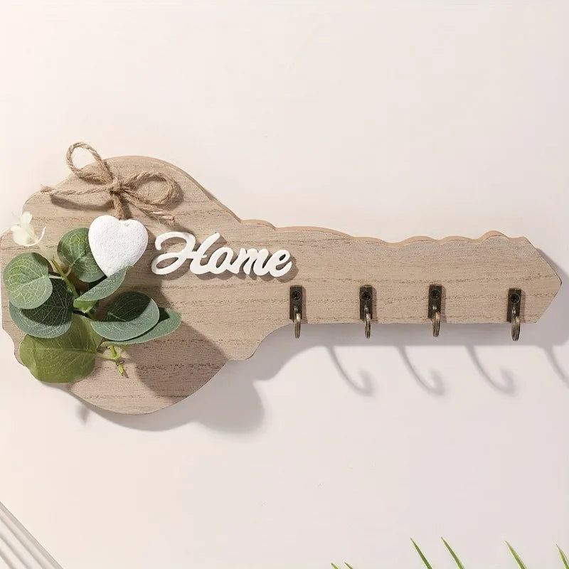 porte clés mural bois naturel cœur feuilles ruban moderne fixations