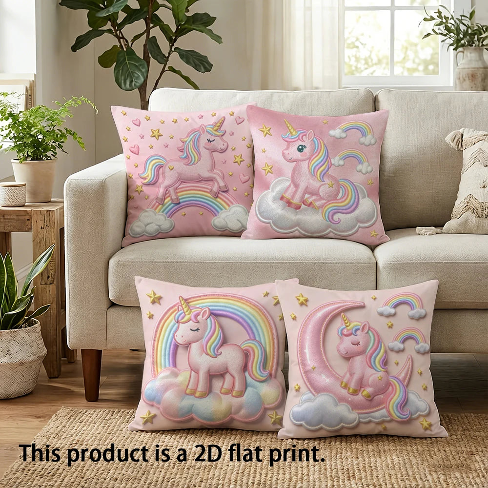 taies d'oreiller licorne rose arc ciel nuages étoiles dorées imprimé 2d polyester 40x40cm 45x45cm