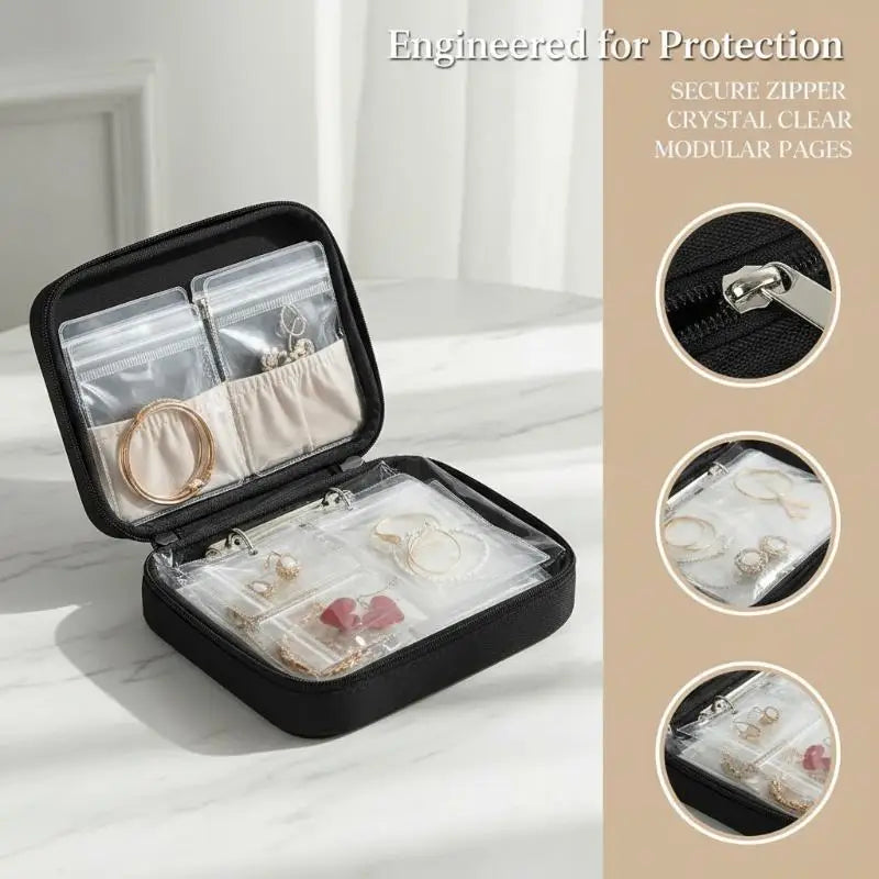 boîte rangement bijoux noir cuir transparent moderne 48 poches boucles oreilles 24 bracelets 24