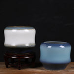 Deux pots en céramique colorés sur un support en bois dans un environnement sombre.