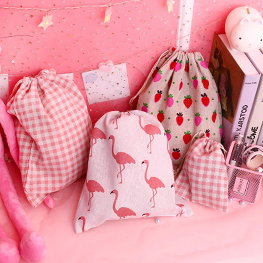 sac rangement coton rose flammes fraises vintage doux portefeuille voyage