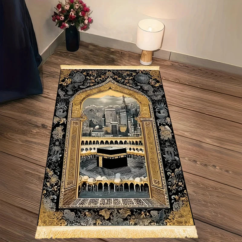 tapis prière rétro noir doré mosquée ornements floral polyester résistant décoloration usage multipleextérieurintérieur