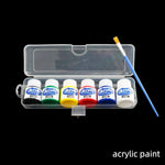 peintures acryliques bleu jaune vert rouge noir blanc étiquettes rondes clips contenants transparents