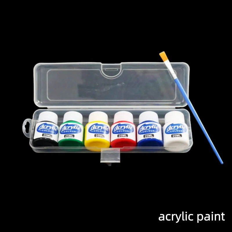 peintures acryliques bleu jaune vert rouge noir blanc étiquettes rondes clips contenants transparents