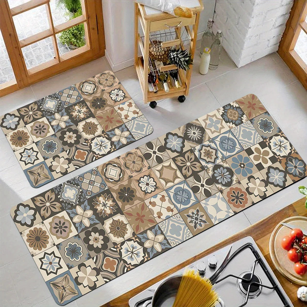 tapis sol anti fatigue imperméable patchwork floral moderne beige gris bleu marron noir résistant