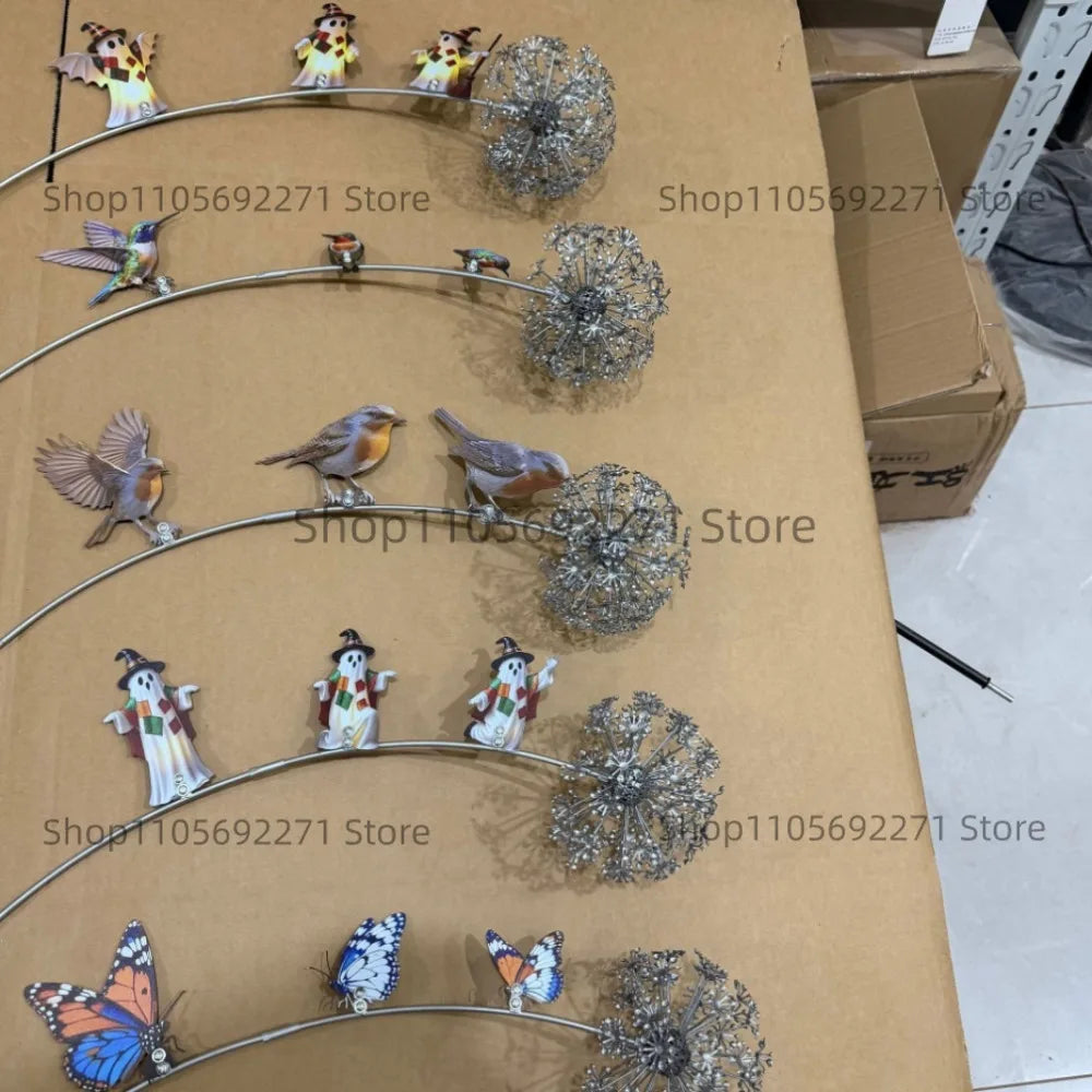 ornements métal oiseaux marron orange gris grappe fleurs noires décoration jardin rétro nostalgieextérieur