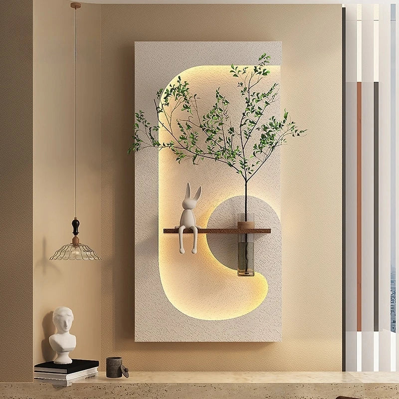 tableau mural moderne lampe led plante verte motif abstrait bois couleur beige vert marron