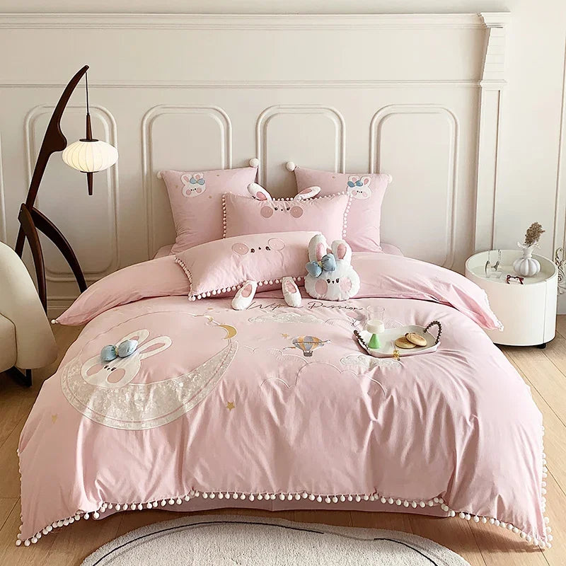 ensemble literie rose lapins étoiles nuages montgolfières coton sergé 100% filles housse couette taies