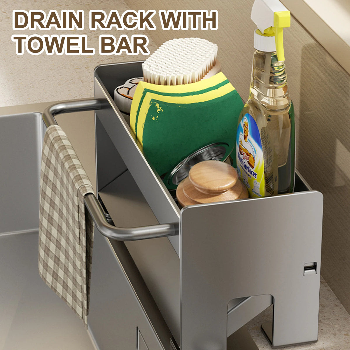 rangement évier suspendu moderne brosses éponges savon serviette cosmétiques minimaliste argenté blanc