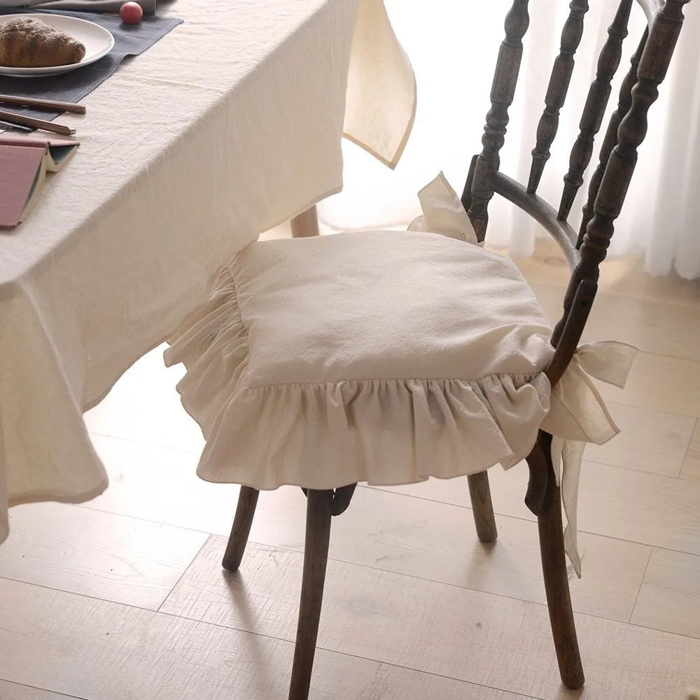 housse chaise rustique motif volants coton polyester beige blanc fixations rubans
