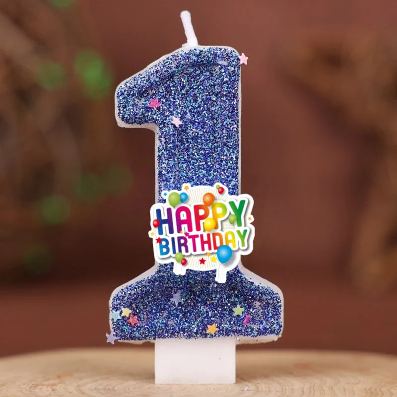 décoration anniversaire bougie chiffre bleu pailleté flamme colorée thème enfant festive happy birthday