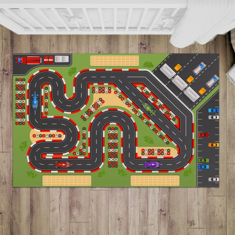 tapis moderne course enfants voitures palmiers vert gris blanc rouge bleu orange salon chambre