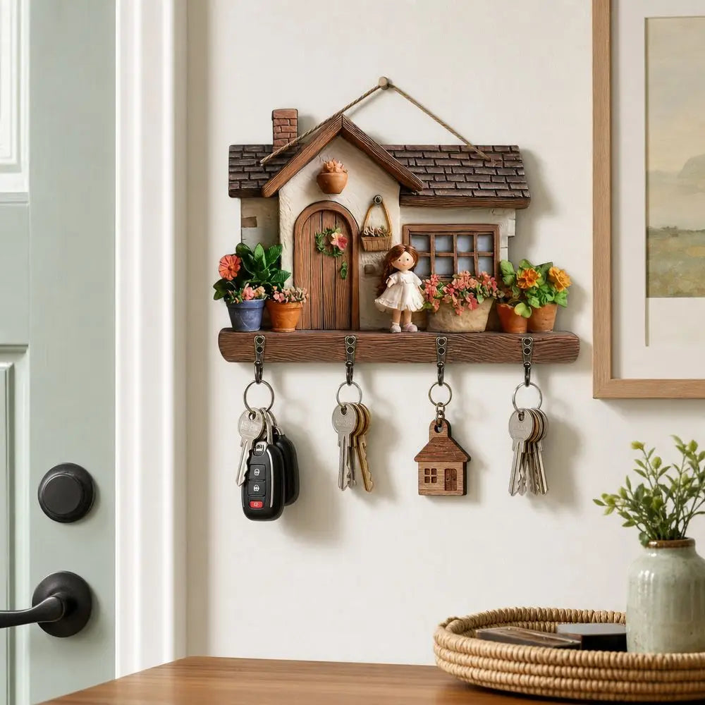 porte clés mural bois maison miniature couleurs vives plantes figurine kit
