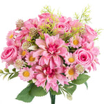 bouquet fleurs artificielles rose clair blanc orange violet dahlia marguerites feuilles vertes réaliste décoration