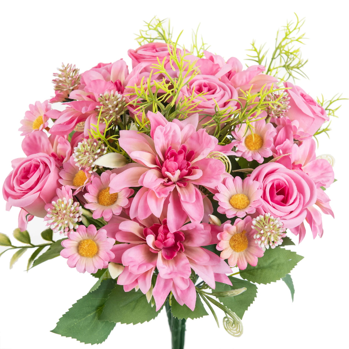 bouquet fleurs artificielles rose clair blanc orange violet dahlia marguerites feuilles vertes réaliste décoration