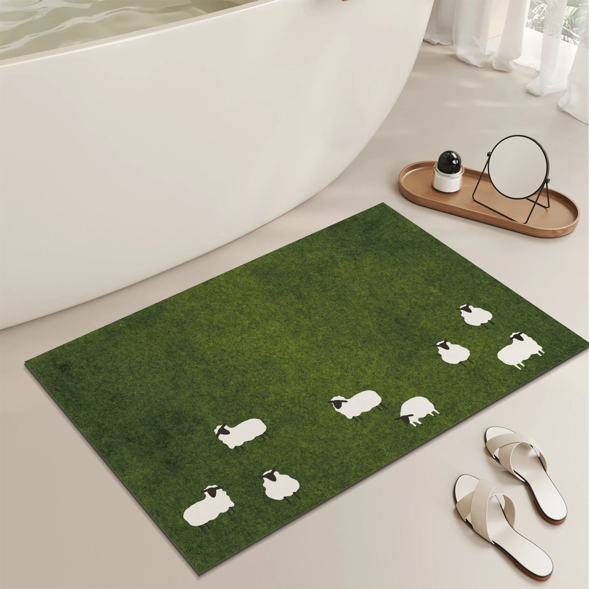 tapis bain antidérapant caoutchouc vert moutons motif moderne minimaliste légèrement rugueux
