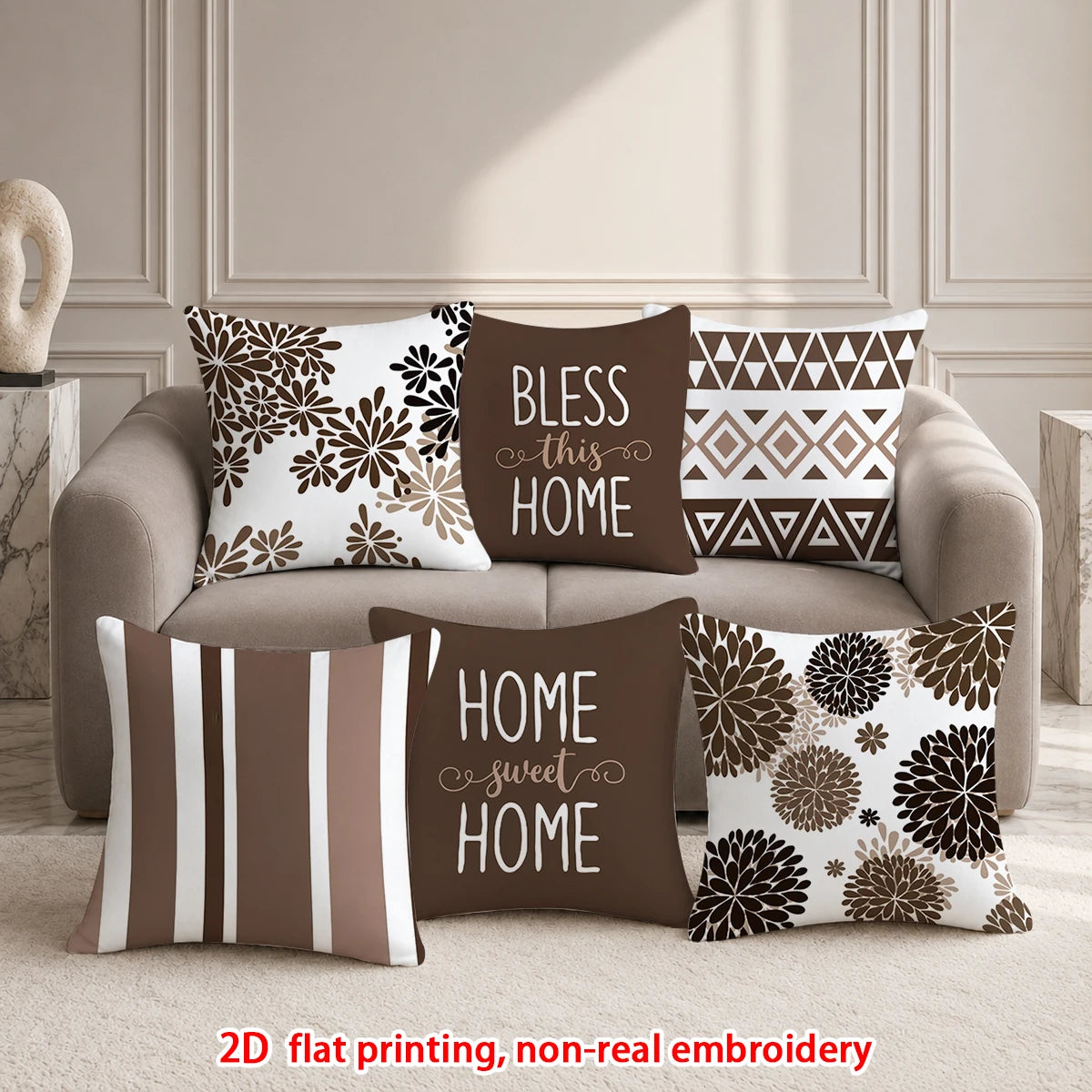 housse coussin décorative marron blanc motif floral géométrique moderne salon canapé chambre maison