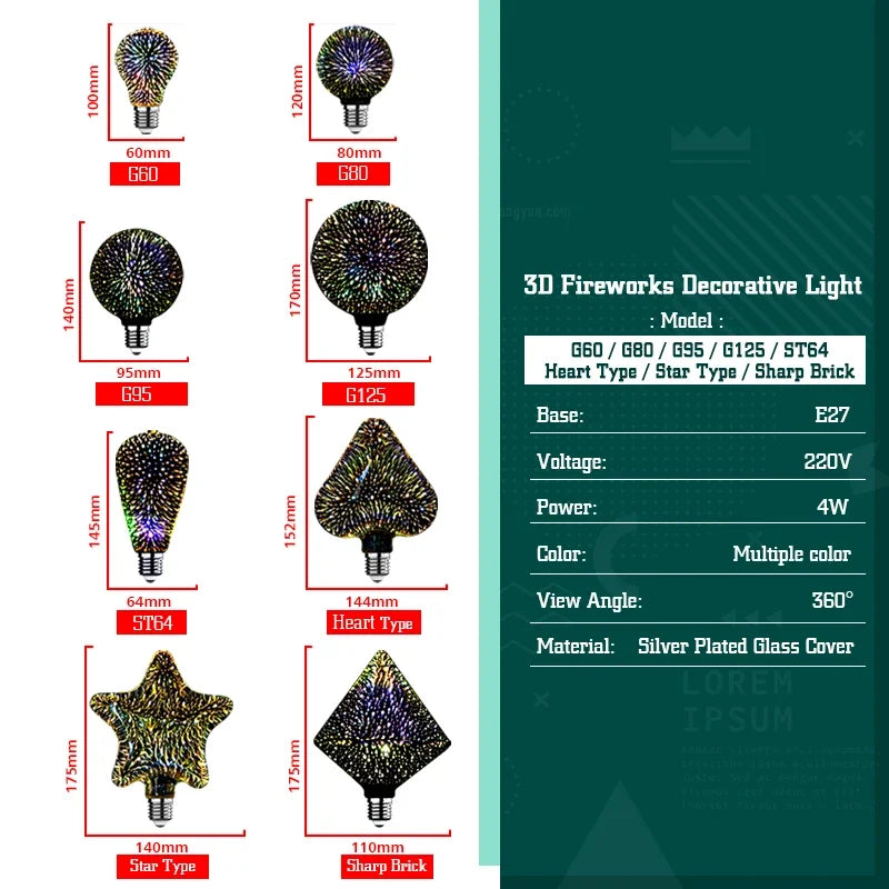 ampoule led décorative e27 effet feux d'artifice 3d multicolore vintage rétro noël