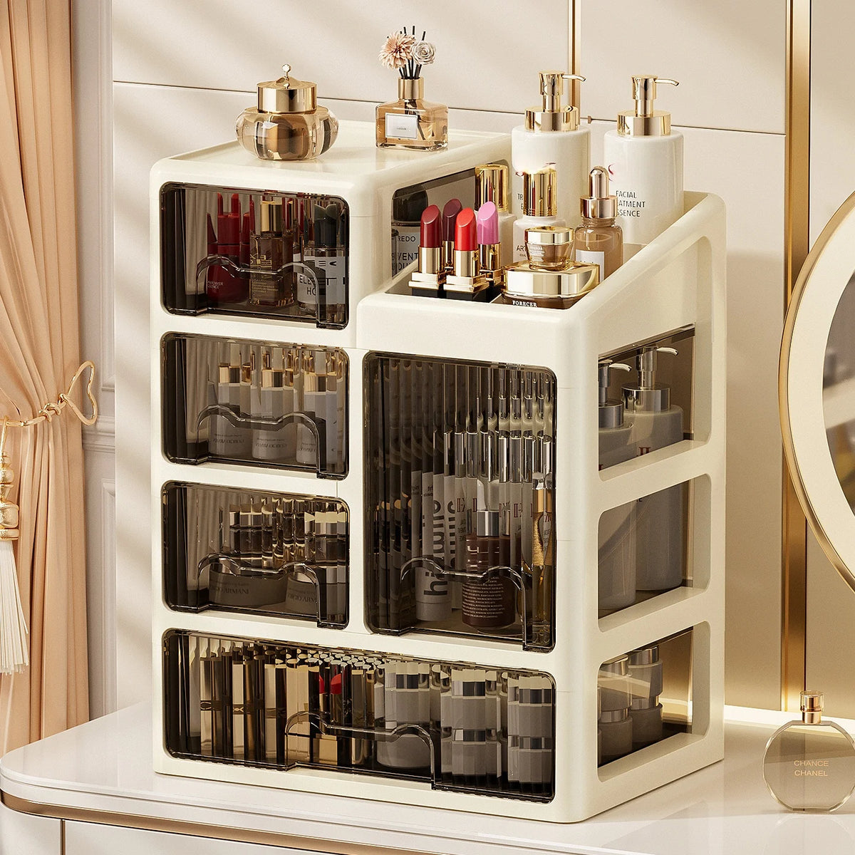 boîte rangement cosmétiques tiroirs compartiments moderne beige clair pliables PP haute qualité étagères bijoux