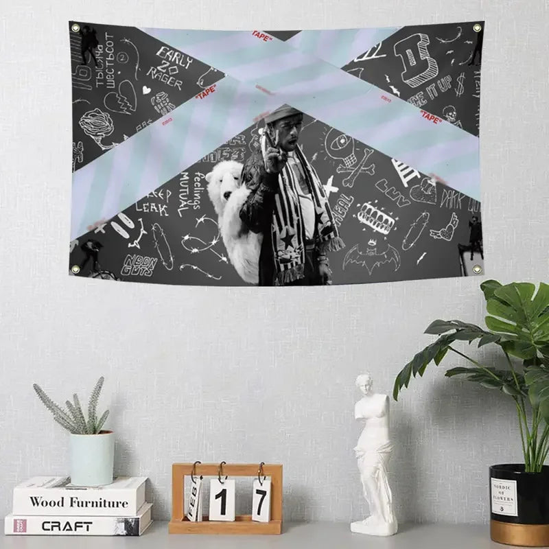 tapisserie murale polyester imprimée rectangle moderne graphique noir blanc gris bleuclair 4.9x6.6ft