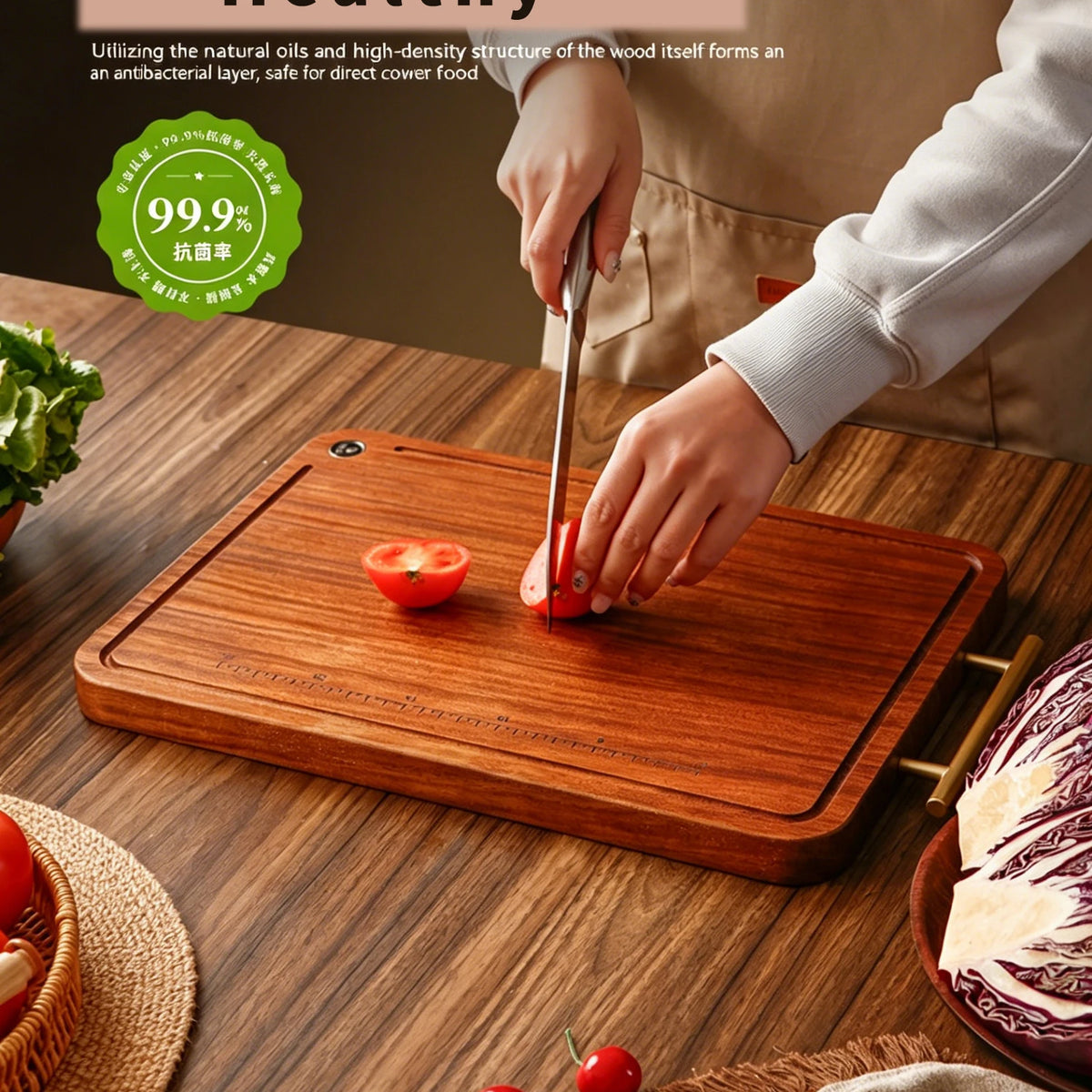 planches découper bois massif rainure jus graduée tablier beige viande hachée tomates concombres rustic