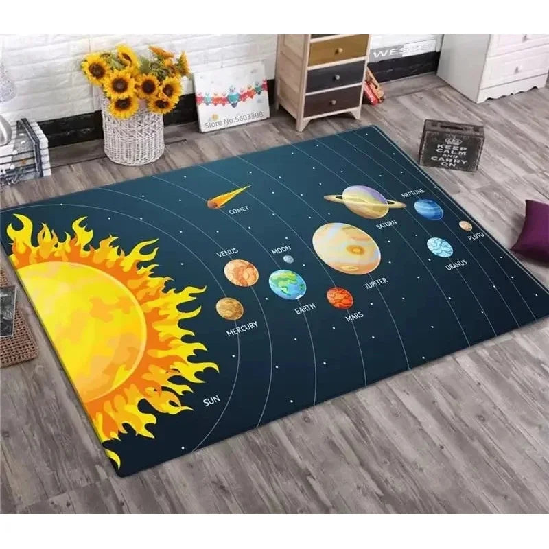 tapis moderne systèmes solaires planètes bleu foncé jaune orange gris chambre salon