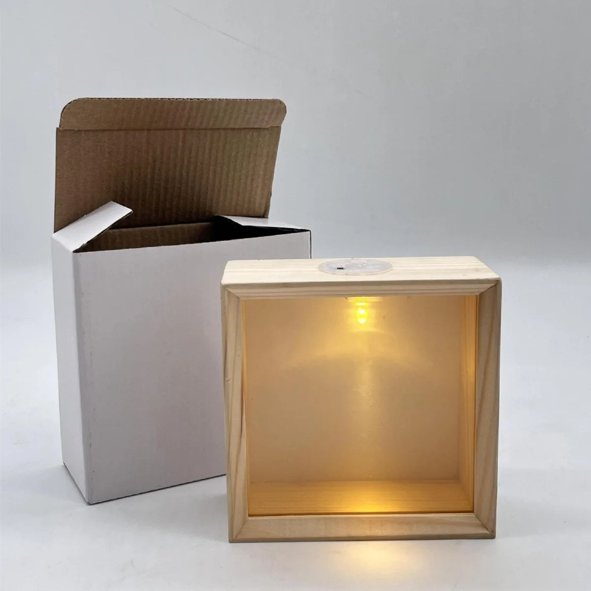 boîte lumineuse transparente moderne bois naturel blanc câble usb 26cm 13cm 6cm