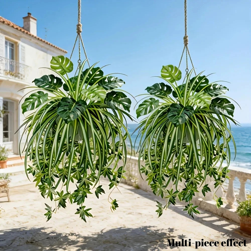 plantes artificielles suspendues vertes décoration intérieure feuilles perforées linéaires tropical élégant composition florale