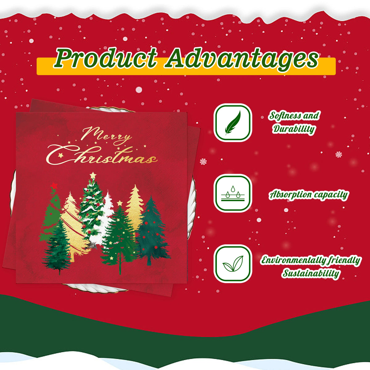 serviettes table noël rouge vert doré motif sapins merry christmas festives jetables pack 20pcs