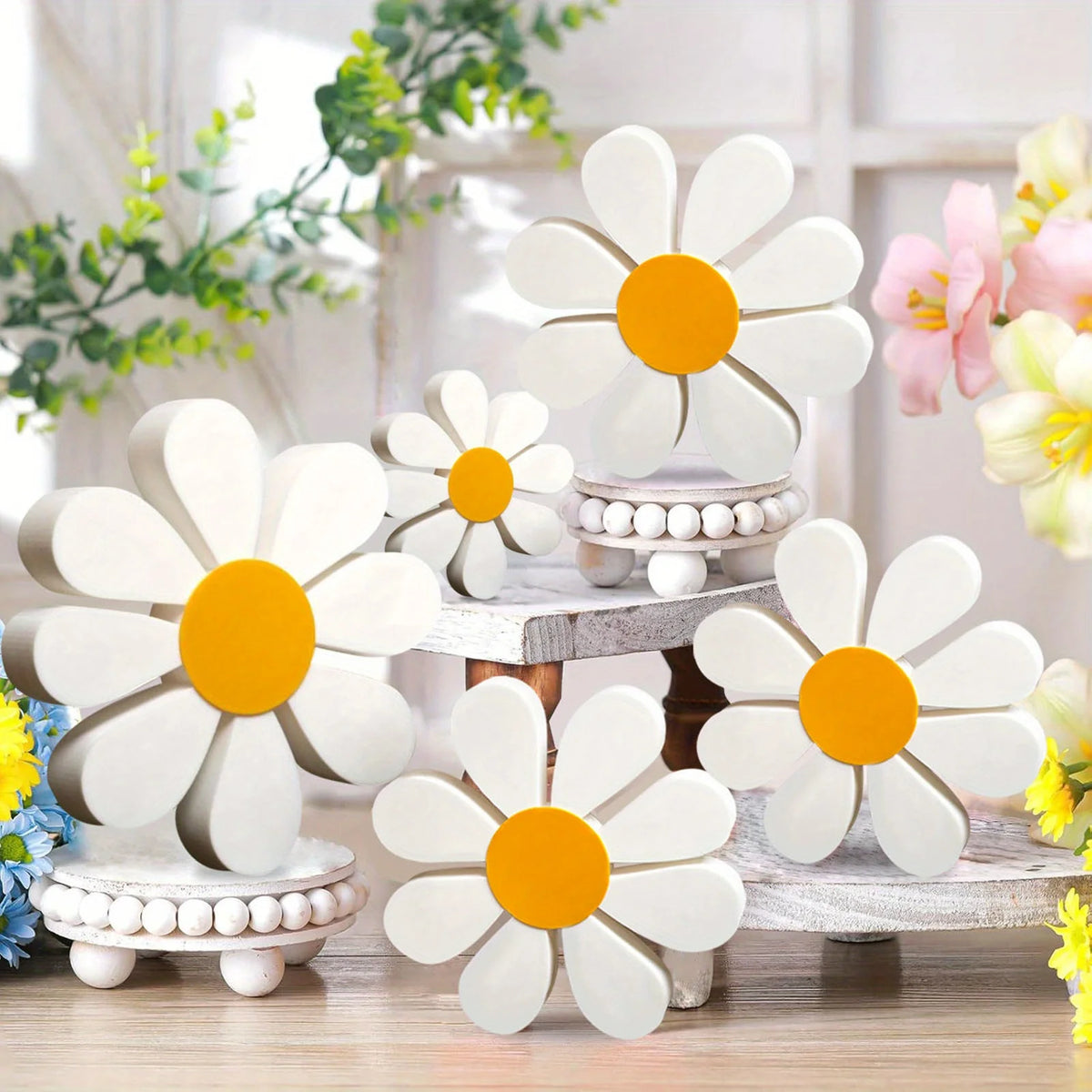 décoration murale bois marguerite vintage fleurs décoratives blanc jaune rustic champêtre