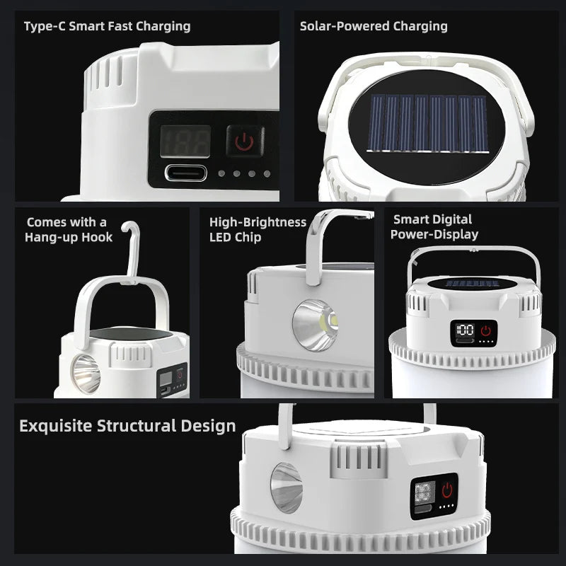 lanterne solaire portable camping led rechargeable fixation poignée écran digital prise type