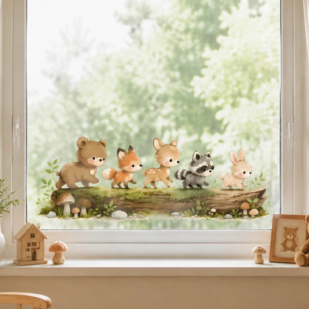 autocollant mural animaux forêt ours renard lapin écureuil enfantin cartoon marron beige gris blanc