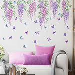 sticker mural décoratif fleurs glycine papillons aquarelle violet rose vert bleu