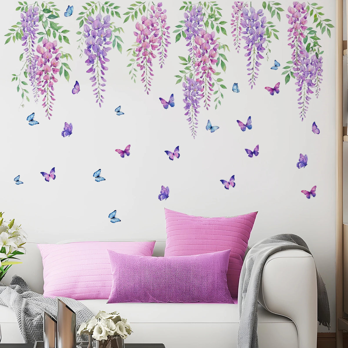 sticker mural décoratif fleurs glycine papillons aquarelle violet rose vert bleu