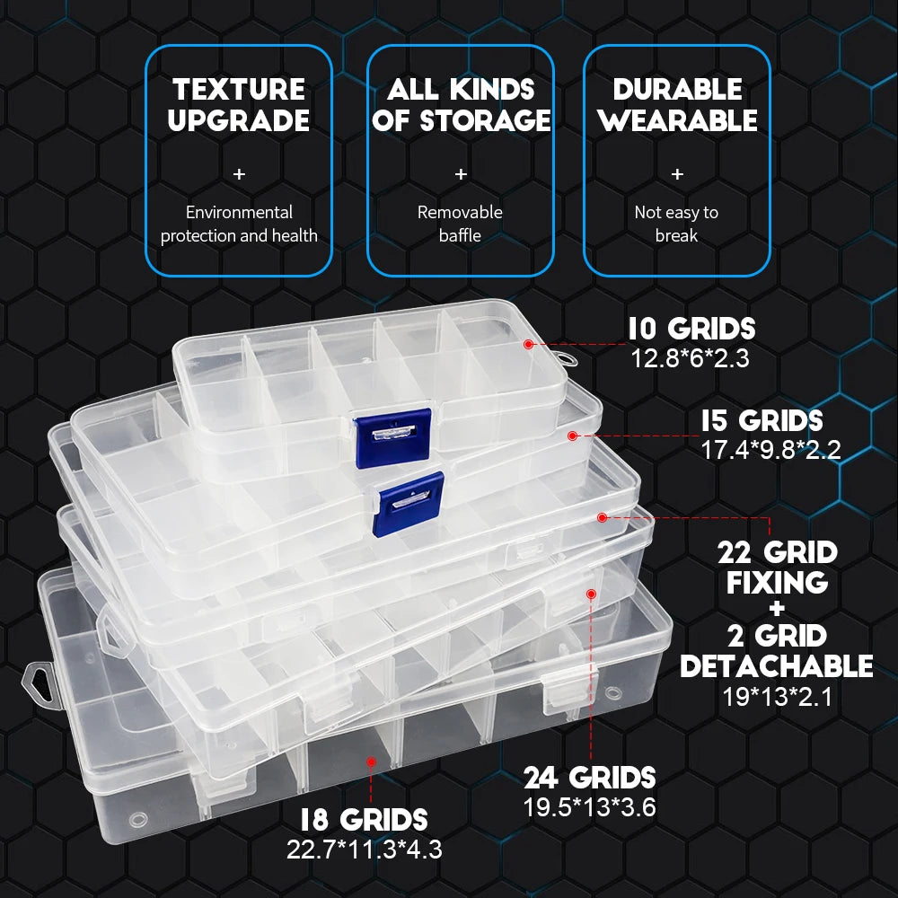 boîtes rangement transparentes modulaires grilles détachables organisation pratique bijoux outils écologiques plastique pp respectueux