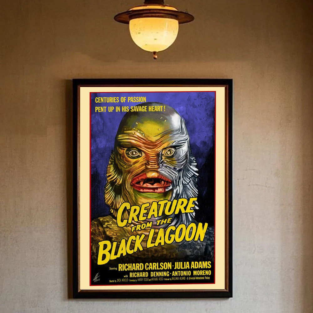 affiches vintage films horreur personnages illustrations noir blanc décor maison salon chambre