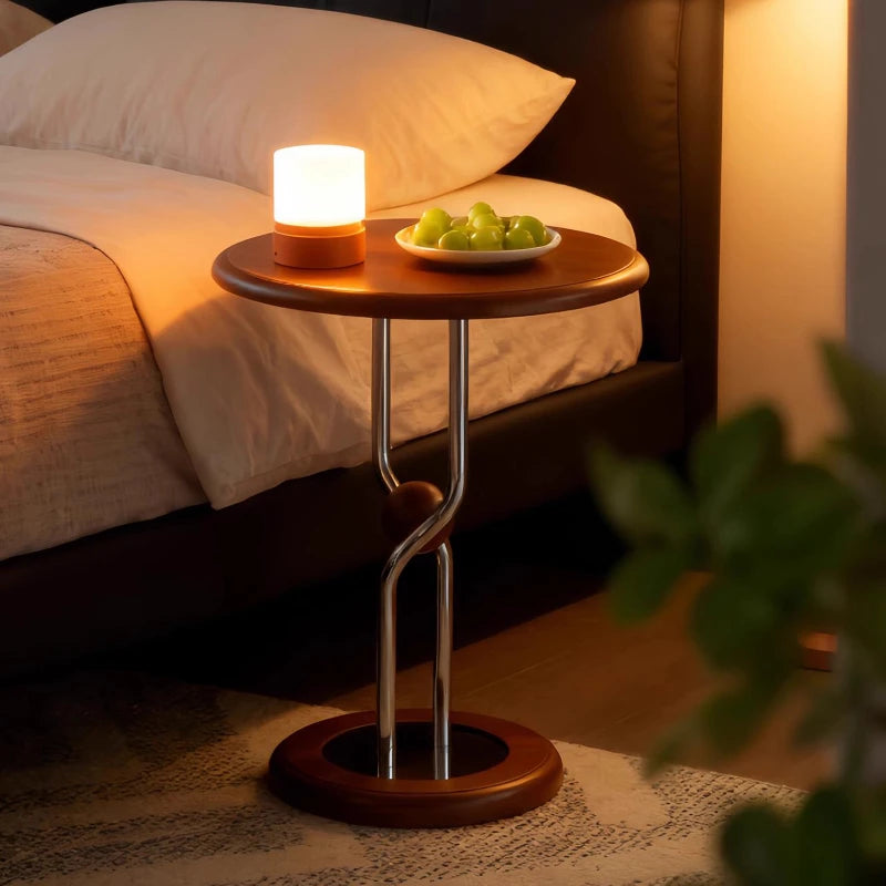 table d'appoint bois marron clair moderne pied central base circulaire portable multifonctionnelle rangement chambre
