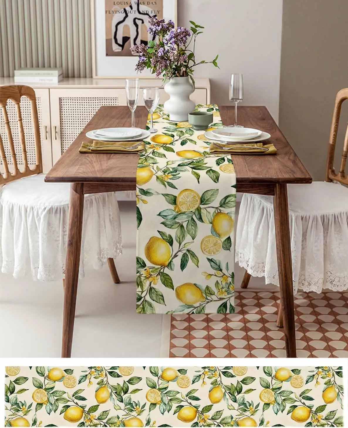 nappe lin jaune feuilles citrons aquarelle rustique champetre mediterraneen table