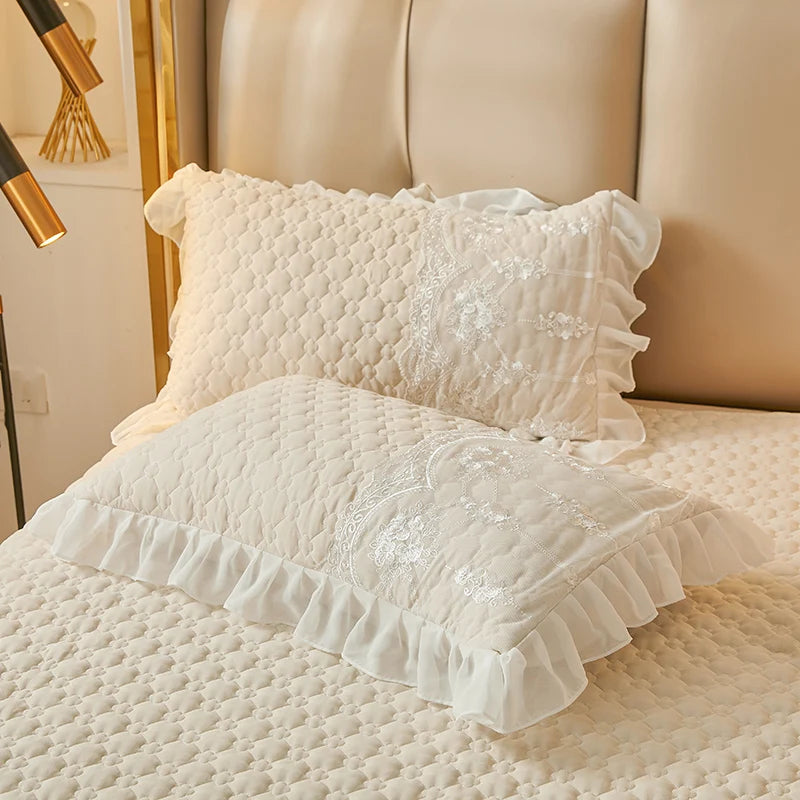 taies d'oreiller vintage blanches franges pièces 48x74cm polyester coton maison